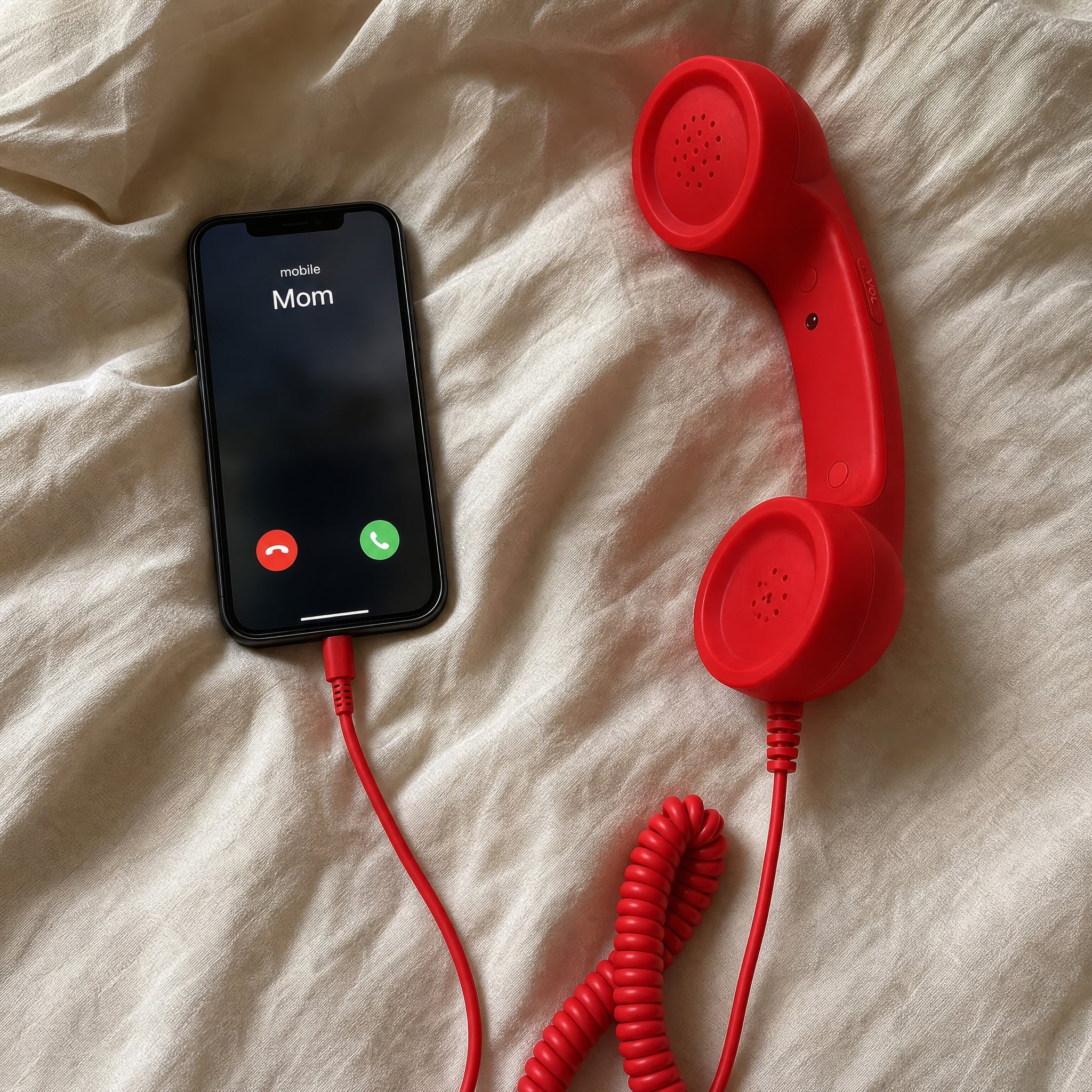 Le combiné rouge branché à un smartphone