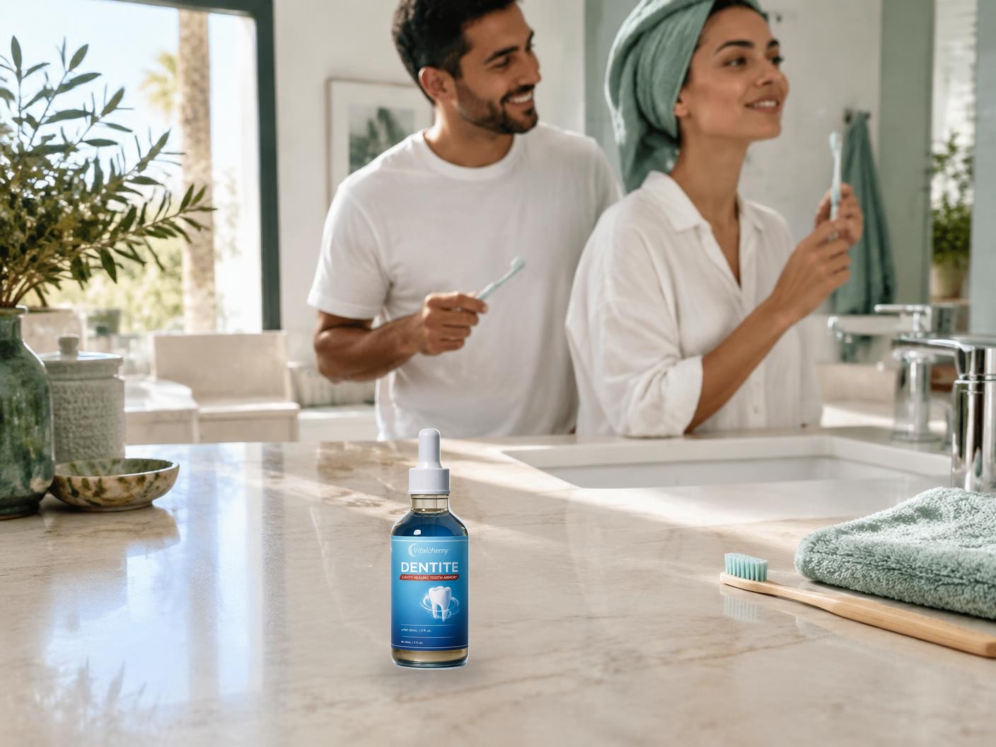 Scène illustrative d'un couple dans sa salle de bain avec le flacon original Dentite