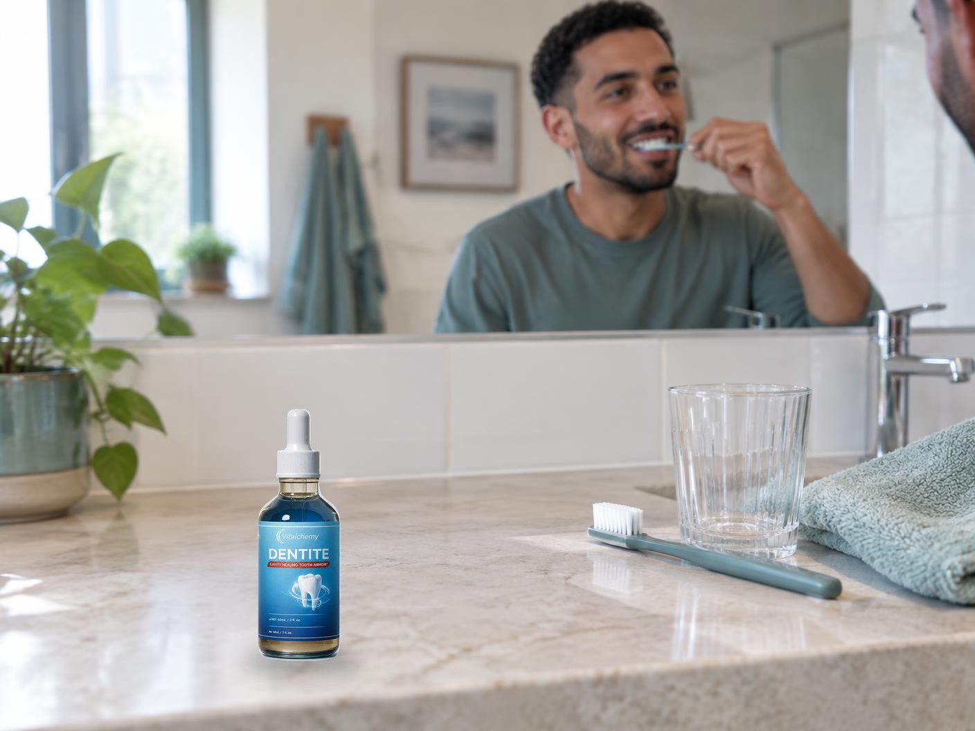 Scène illustrative d'un homme se brossant les dents avec le flacon original Dentite sur le lavabo